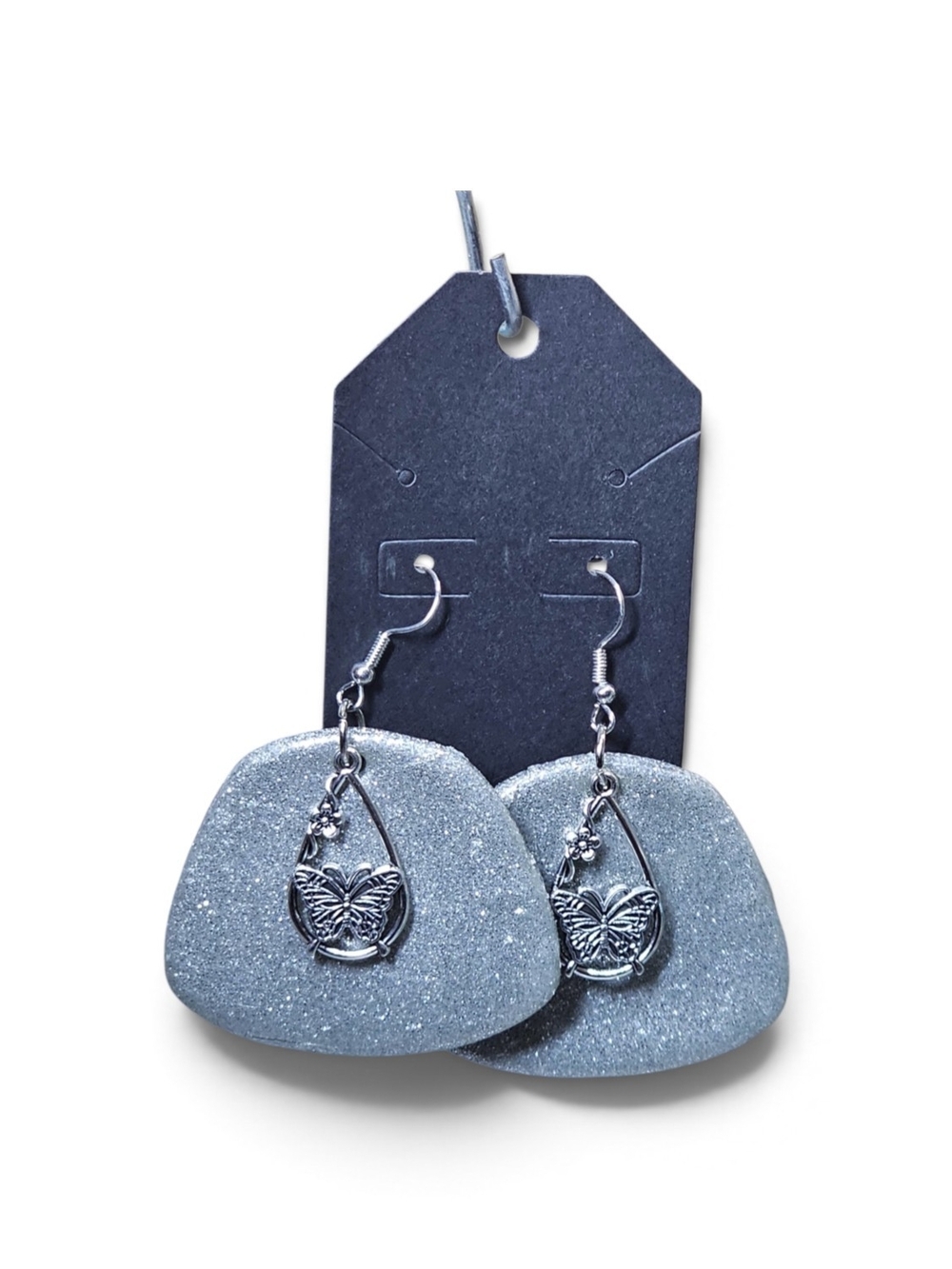 Silver Butterfly Drop Earrings - Sparkle Teardrop Design